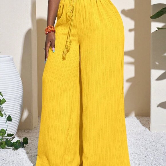 Yellow Casual Women's Full Length wide legging flowy Pants - Picture 6 of 9